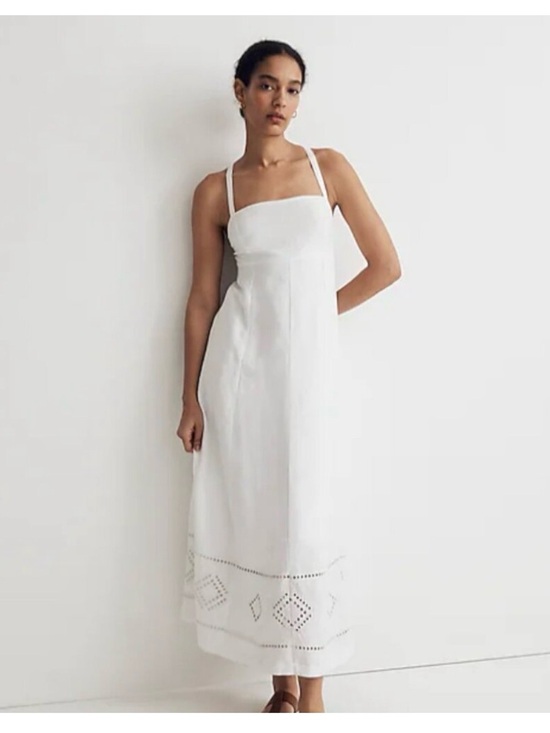 Madewell Dresses & Skirts - Madewell White Eyelet-Hem Spaghetti-Strap Midi Dress linen blend size 12